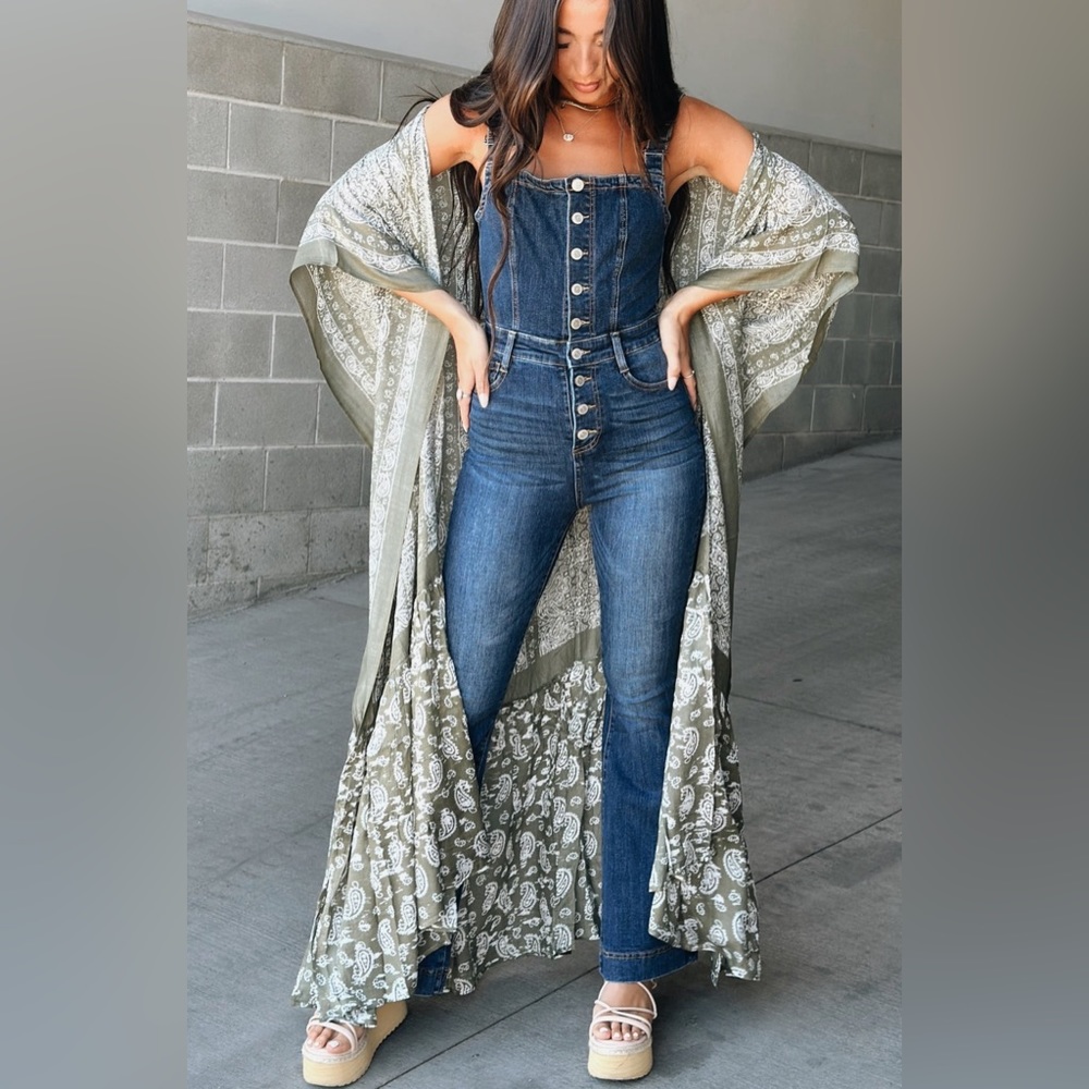 Button Up Denim Overalls Flare Jumpsuit Jumper - Picture 3 of 8